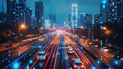 A businessman in a modern office interacts with a sophisticated glass wall interface, visualizing complex data and analytics in an urban setting.