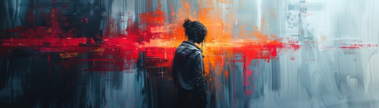 A solitary figure contemplates a vibrant abstract expressionist painting, evoking emotion and interpretation in the viewer.