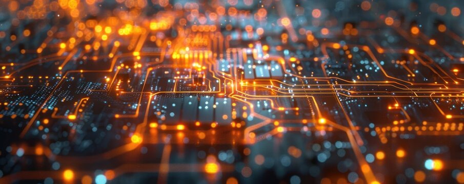 An intricate circuit board system glowing with orange and blue lights, representing complex computing processes and advanced electronic design.