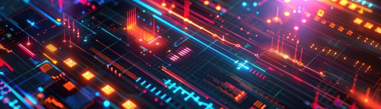Close-up of a vibrant digital technology circuit board with illuminated lines and data paths symbolizing high-speed data transfer and computing.