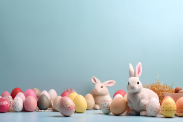 Naklejka na ściany i meble Cute and colorful easter eggs and bunny studio background with copy space