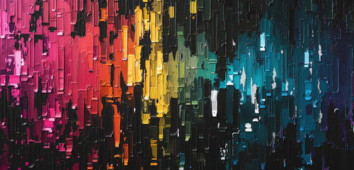 A digital glitch pattern featuring broken pixels in a spectrum of colors against a matte black background