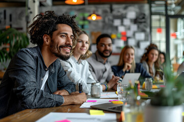 A diverse group of professionals in a collaborative meeting, with a focus on an engaged male participant