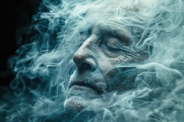 Face of elderly man with gray beard in white smoke. Generative AI