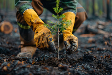 Close-up of hands in yellow gloves planting a small tree in the soil of a recently burned forest area - obrazy, fototapety, plakaty