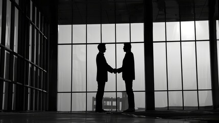 Fototapeta na wymiar Silhouette of two businessmen shaking hands in an office, symbolizing a corporate agreement with a backdrop of large windows and ambient light.