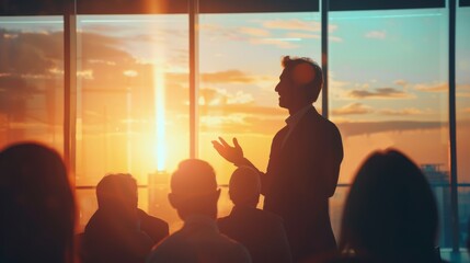 A motivational speaker gives an inspiring talk to a business audience, with the sunrise casting a warm glow through the conference room.