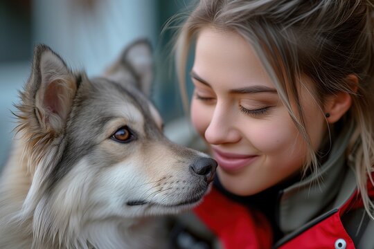 A woman peacefully embraces her faithful sakhalin husky, their eyes closed in a moment of pure connection, surrounded by the serene beauty of the outdoors