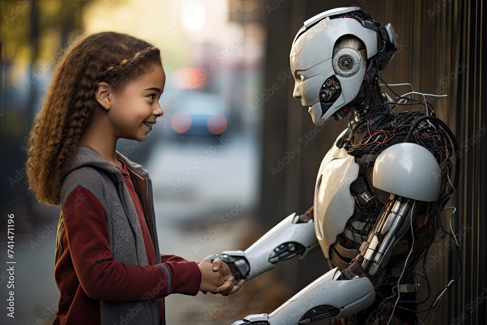 Wall mural smiling cute little girl looking at robot in the street. a child interacting with a friendly robot. 