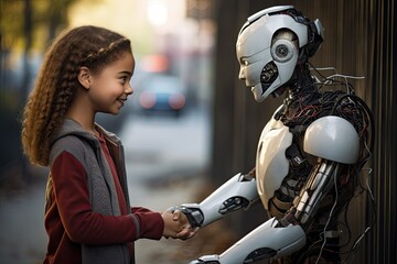 Smiling cute little girl looking at robot in the street. A child interacting with a friendly robot. future technology concept. human child with ai robot. ai robotic friend. - obrazy, fototapety, plakaty