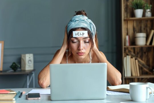 Overwhelmed woman seeking help at workplace. Generative AI image