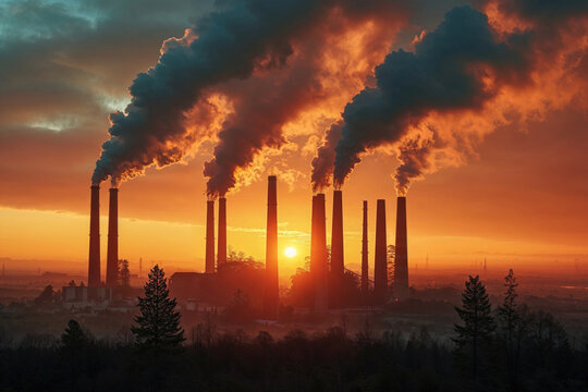 Industrial sunset with smokestack emissions Generative AI image