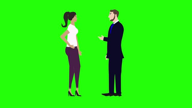 Animation with man and woman character talking each other chroma key, green screen, for explainer videos