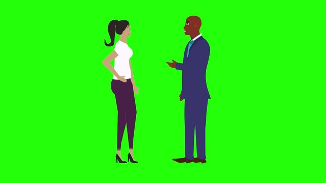 Animation with man and woman character talking each other chroma key, green screen, for explainer videos