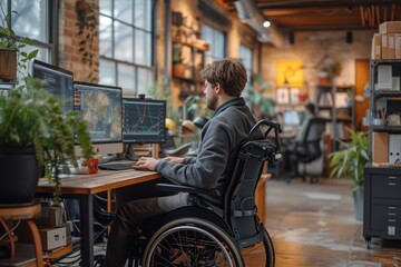 Obraz premium A determined man in a wheelchair, surrounded by indoor furniture and houseplants, diligently works on his computer at his desk in a building, his clothing reflecting his focus and determination