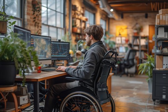 A determined man in a wheelchair, surrounded by indoor furniture and houseplants, diligently works on his computer at his desk in a building, his clothing reflecting his focus and determination