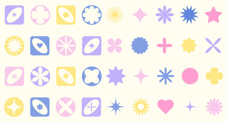 Set of abstract retro futuristic colorful elements and shapes brutalism, Y2K style. Y2K geometric shapes, forms, symbols for template social media, poster, banner, logo, stickers, web