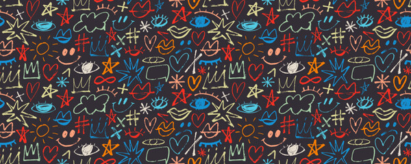 Naklejka premium Colorful seamless banner design with brush drawn doodle style elements like crowns, hearts, stars and eyes.