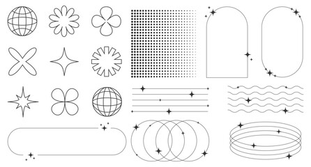 Set of abstract retro futuristic elements and shapes and aesthetic line frames boho, brutalism, Y2K style.Geometric elements with sparkles for template social media, poster, banner, logo, stickers