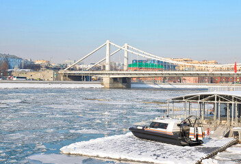 Rescue speed boat on the river in winter