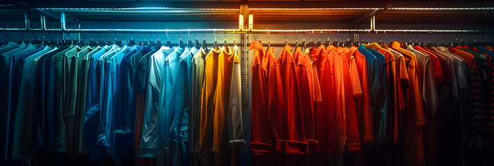 Range of clothes in bright colors on hangers in stock of clothes store, 
