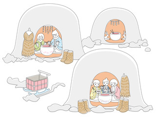 雪国のかまくらで暖まる人々