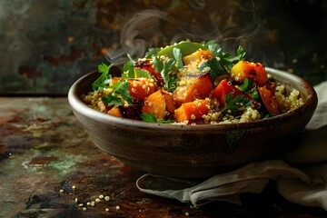 Quinoa salad with roasted vegetables and basil in a ceramic bowl.
