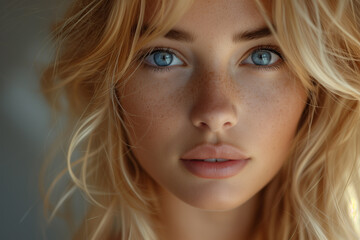 Close-up portrait of a young woman with striking blue eyes Generative AI image
