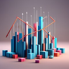 A graph with rising bars and arrows, representing growth and success, a 3d rendering