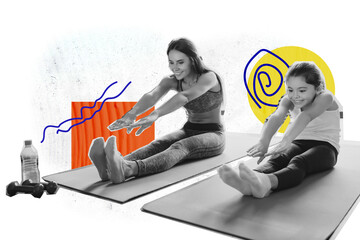 Composite graphics collage image of happy mother daughter repeat do sports together marathon stretching pilates aerobics isolated on grey color background