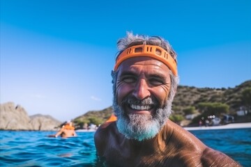 Portrait of a senior man in orange cap swimming in the sea
