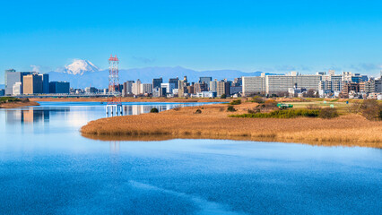 青空広がる多摩川と東京の住宅街の風景【東京都・大田区】　
The Tama River spreading out under the blue sky and the residential area of Tokyo - Japan
