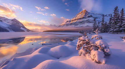 Bow Lake in winter at sunrise.