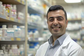 Fototapeta premium Freundlicher Apotheker Beratung Apotheke Gesundheitspflege Medikamente Fachwissen Kompetenz Patientenbetreuung Pharmazie Service Qualität Vertrauen Gesundheit Berufsleben