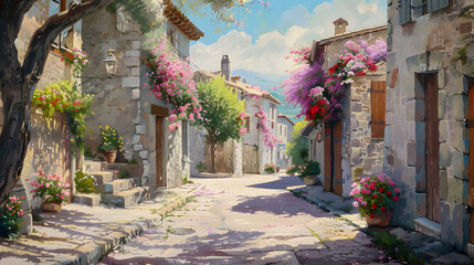 Fototapeta na wymiar Watercolor art of a charming street scene in a quaint, Painting of a building with a courtyard and a stone walkway 