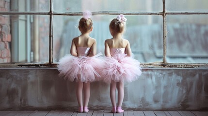 Two little girls in pink tutus looking out window
