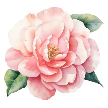 Camellia pink flower watercolor illustration. Floral blooming blossom painting on white background