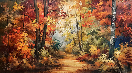 Autumn landscape with a path in the forest Digital painting,
Tranquil Autumn Path Through Colorful Woodland

