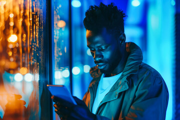 Fototapeta premium African american man using his mobile phone in the city at night 