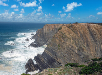 The dramatic cliffs of Cabo Sardão, Ponta do Cavaleiro, Odemira, Bejo, Alentejo, Portugal