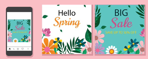 Spring sales cover brochure set. Poster templates with discount promotions and flower decorations, square leaves. great for spring greeting cards or social media posts