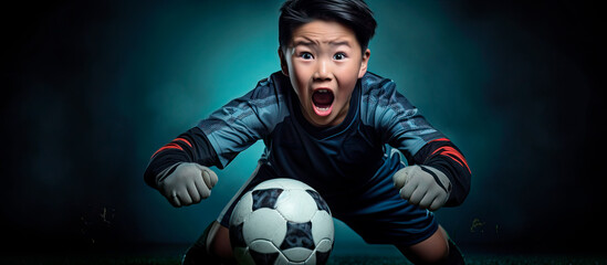 goalkeeper boy on soccer stadium wearing blue equipment - obrazy, fototapety, plakaty
