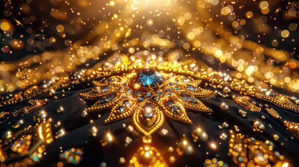 Exquisite jewelry set displayed against a backdrop of velvet drapes sparkling diamonds and pearls black and gold color scheme Minimalist style Abstract floral motifs