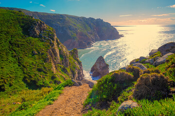 Rocky seascape. Region of Cape Roca, Atlantic Ocean, Portugal