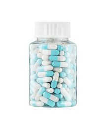 Transparent plastic Bottles with blue capsules on white background