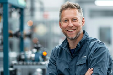 Erfahrener Fabrikarbeiter Lächeln Produktionsstätte Fachkompetenz Industriearbeit Teamgeist Qualitätssicherung Fertigungstechnik Arbeitssicherheit Effizienz Mitarbeiterzufriedenheit