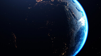 Realistic planet earth and different continents day and night lights - obrazy, fototapety, plakaty