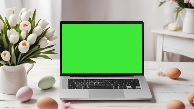 Close up shot of laptop green chroma key screen. Computer with mock up display set fin front of the home window, Easter Day 