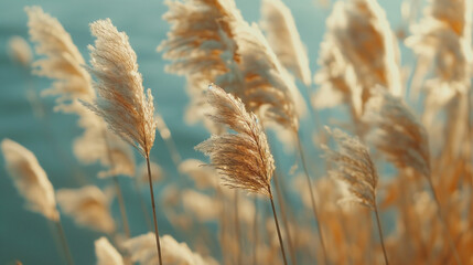 Pampas grass outdoor in light pastel colors. Dry reeds boho style.	 - obrazy, fototapety, plakaty