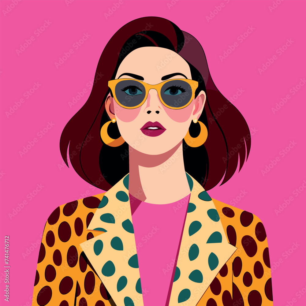 Wall mural a woman full body in a leopard print shirt and sunglasses clip art pink face dressed in expensive clothes